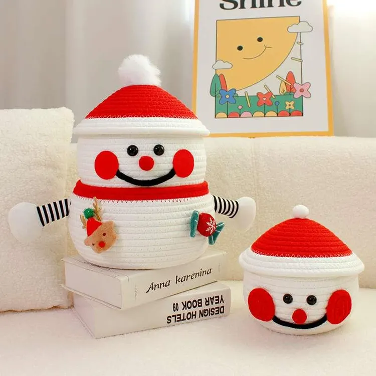 客厅棉线绳雪人杂物收纳筐零食整理化妆品儿童桌面零食筐带盖编织
