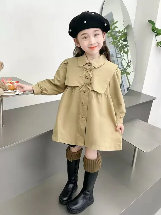 艾雯女童2025春秋新款可爱蝴蝶结大翻领风衣春季新款儿童洋气外套