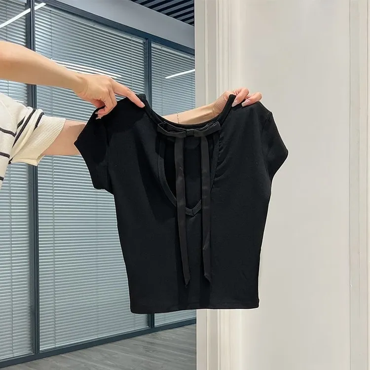 短袖T恤运动短款露背蝴蝶结百搭圆领宽松短袖露背镂空夏季打底衫