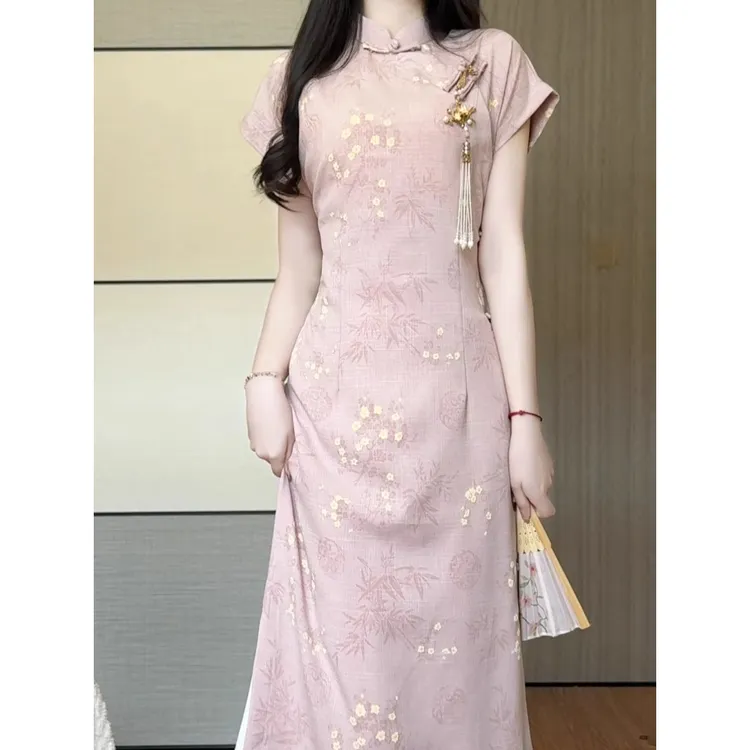 粉紫色复古风短袖旗袍女2025年夏季新款日常古法改良新中式年轻款