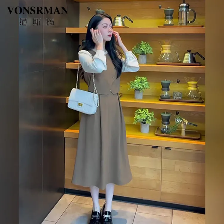 大码假两件连衣裙女2025春季新款小香风法式收腰显瘦设计感长裙子