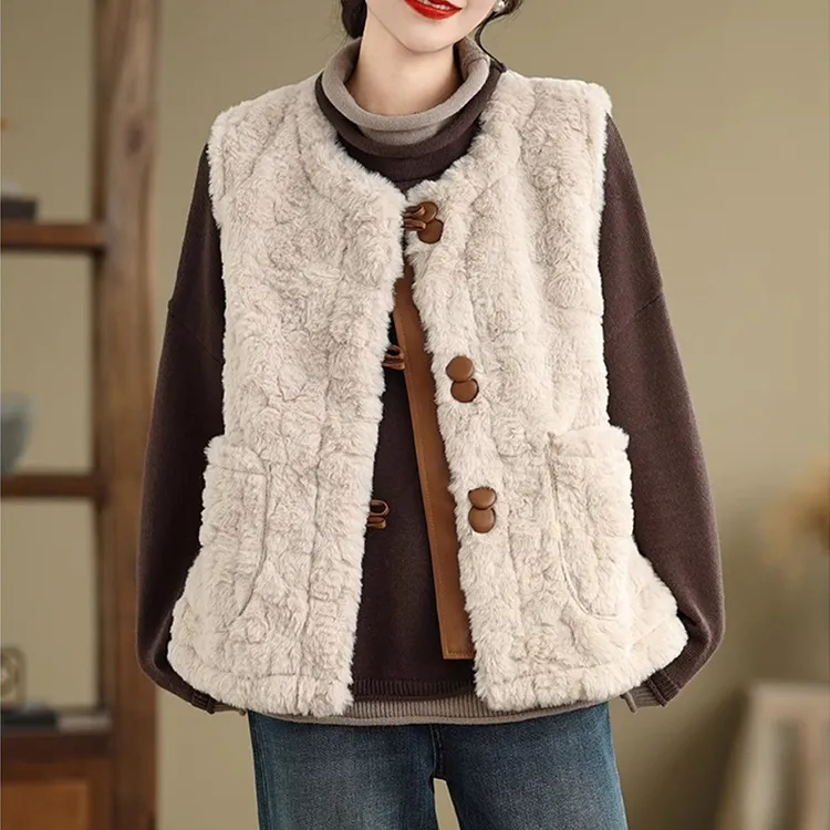 国风毛毛马甲女秋冬加厚保暖皮包扣外穿宽松毛绒舒适百搭显瘦马夹