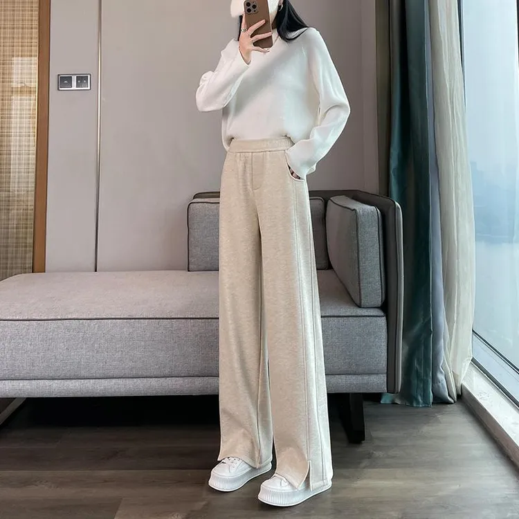 2025新款人字纹毛呢开叉香蕉阔腿裤女秋冬季九分大码直筒休闲裤女