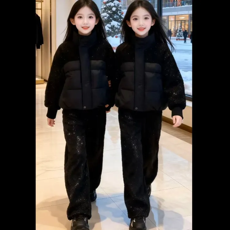 女童2025新款儿童秋冬季韩系时尚棉服满天星加绒休闲裤两件套潮酷