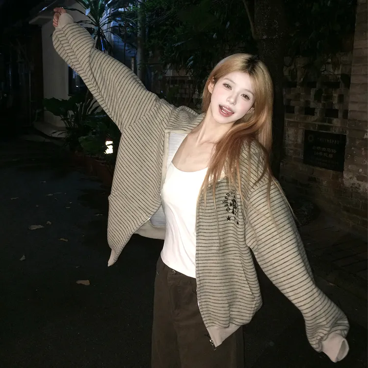 Holocene美式复古刺绣条纹连帽卫衣外套女宽松慵懒风百搭情侣上衣