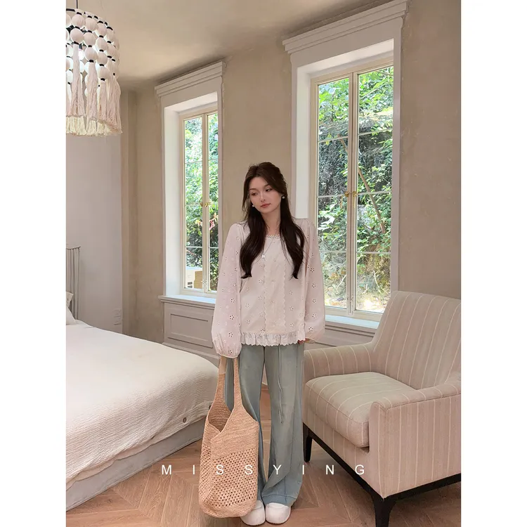 应小姐【芭蕾序曲】微胖大码女装韩系温柔风气质款百搭长袖蕾丝小衫