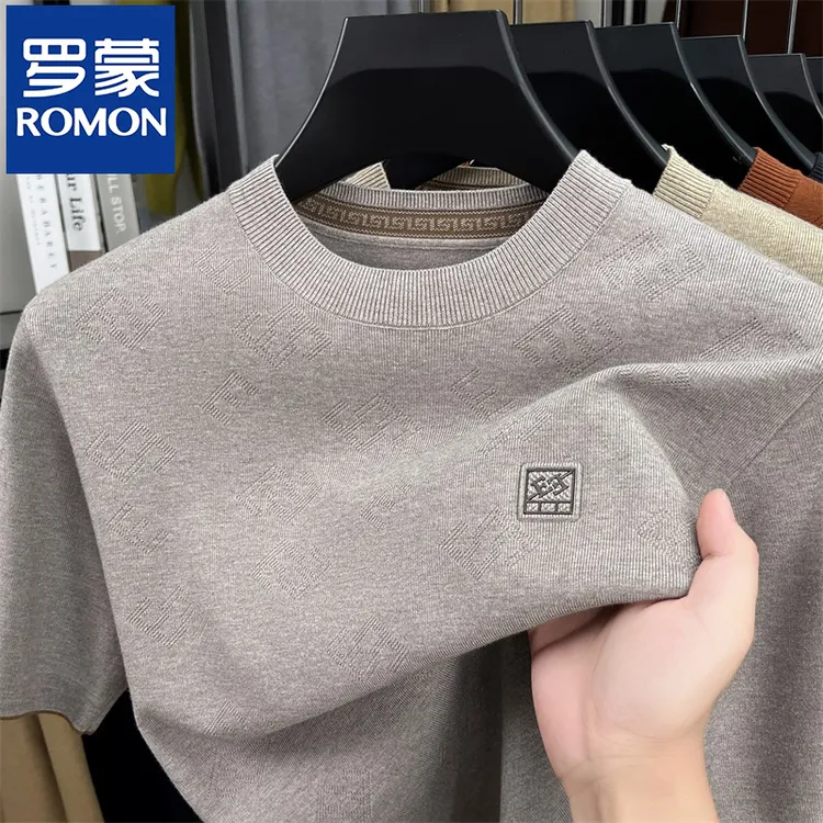 罗蒙男士短袖针织衫圆领提花秋冬新款百搭毛衣舒适修身半袖打底衫