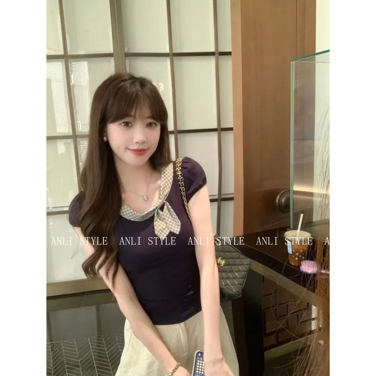 现货~韩系甜妹穿搭乖巧感短袖恤两色修身显瘦纯欲百搭上衣