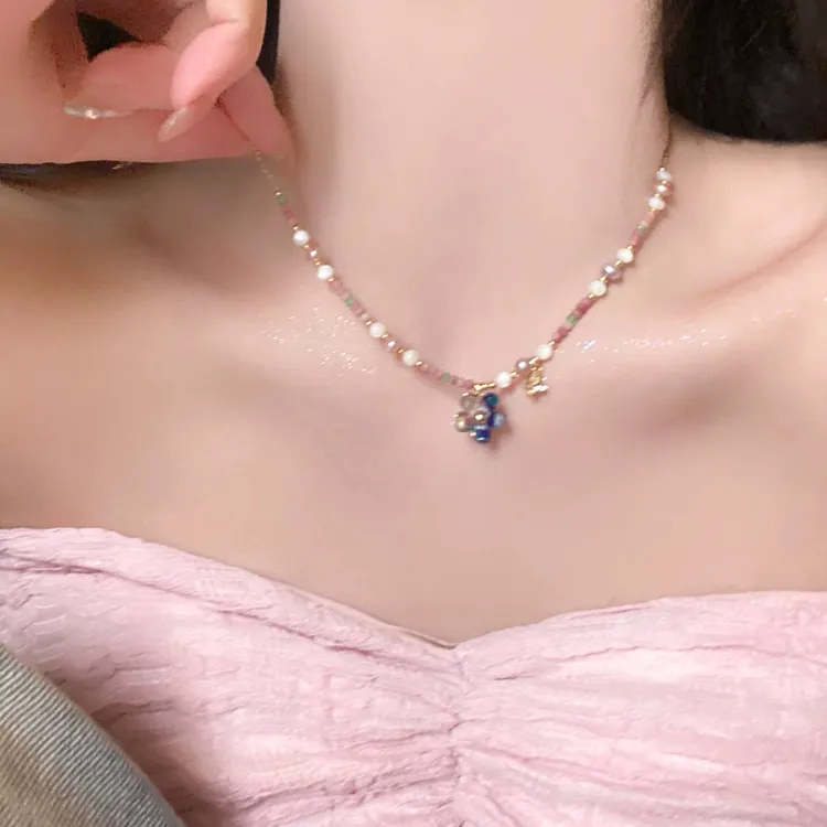 铜合金项链 春日来信~彩色碎石串珠花朵吊坠项链女度假风锁骨链