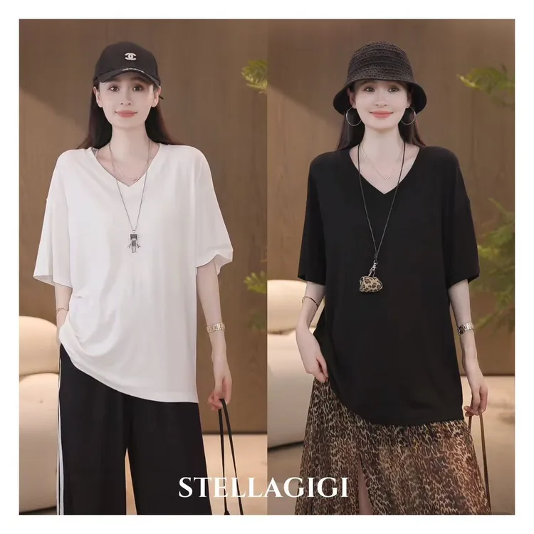 SG / 郭幂幂 SS 时髦经典单品 V领宽松短袖T恤T-20250934