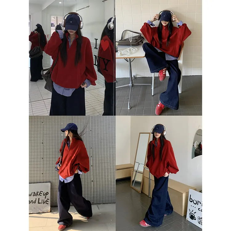 芊喜Studio 重磅加绒套头款立领纯色通勤卫衣百搭衬衫打底两件套