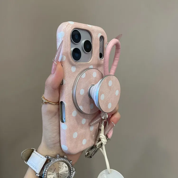 日韩风波点皮纹磁吸手拎绳适用苹果17pro手机壳16pm简约15高级14