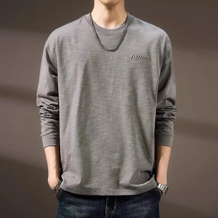 高端雾豹Urban专柜纯棉T恤男简约宽松刺绣复古长袖打底衫2025秋季