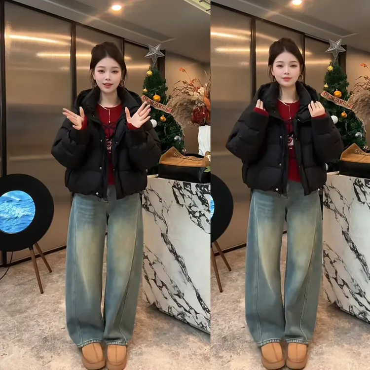 超火新年穿搭一整套女新款时尚针织上衣保暖棉服外套牛仔裤三件套