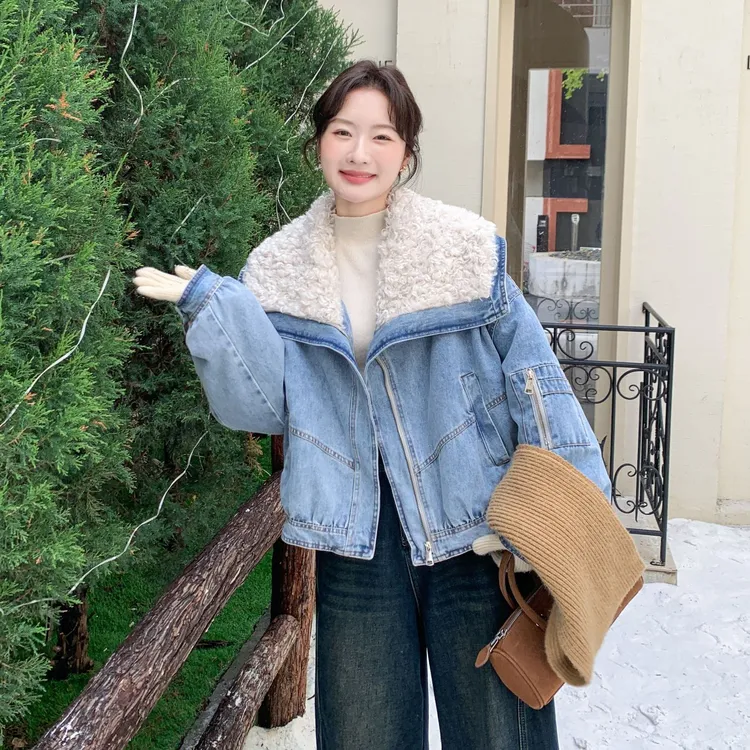 毛绒大翻领牛仔短版羽绒服女款冬季韩版宽松复古白鸭绒派克服外套