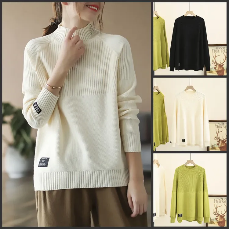 110-200斤大码女装胖mm冬季半高领遮肚子显瘦贴标开叉毛衣打底衫