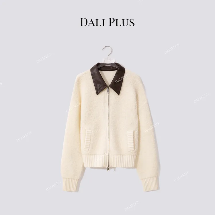 DALI PLUS“重磅100羊毛外套”皮翻领拉链款毛绒感针织-D5MM3027