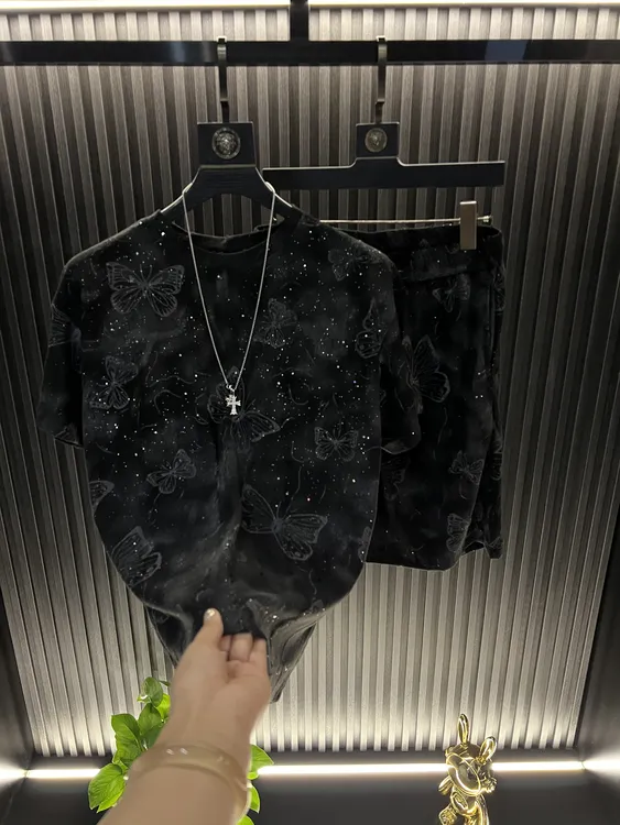 2025夏季新款蝴蝶扎染破洞亮片短袖轻奢高定透气潮流百搭男士套装