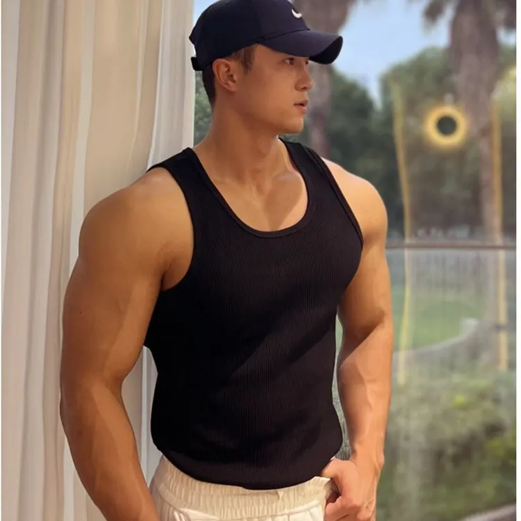 夏季男士百搭吸汗棉粗螺纹圆领背心运动健身弹力修身纯色打底衫