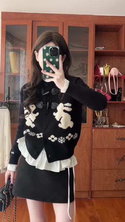 【影调】ins风气质黑色针织开衫减龄原宿风千金风黑色半身裙两件套