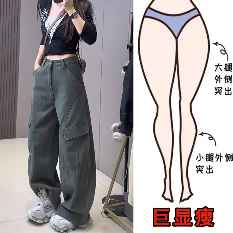 冬季新款加绒加厚重工立体裁剪工装裤高腰显瘦潮流风直筒牛仔裤