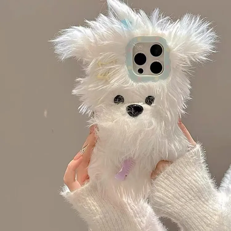 秋冬ins发夹小狗适用iphone17promax苹果16毛绒手机壳15新款14/13