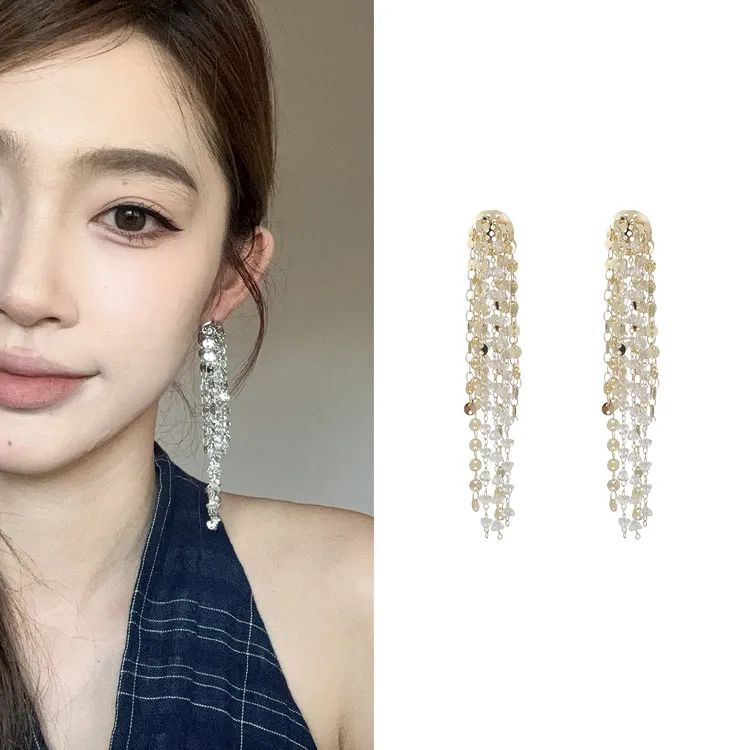 oushipei/欧诗佩 铜合金仿水晶耳饰 长款小香风水晶亮片流苏耳环