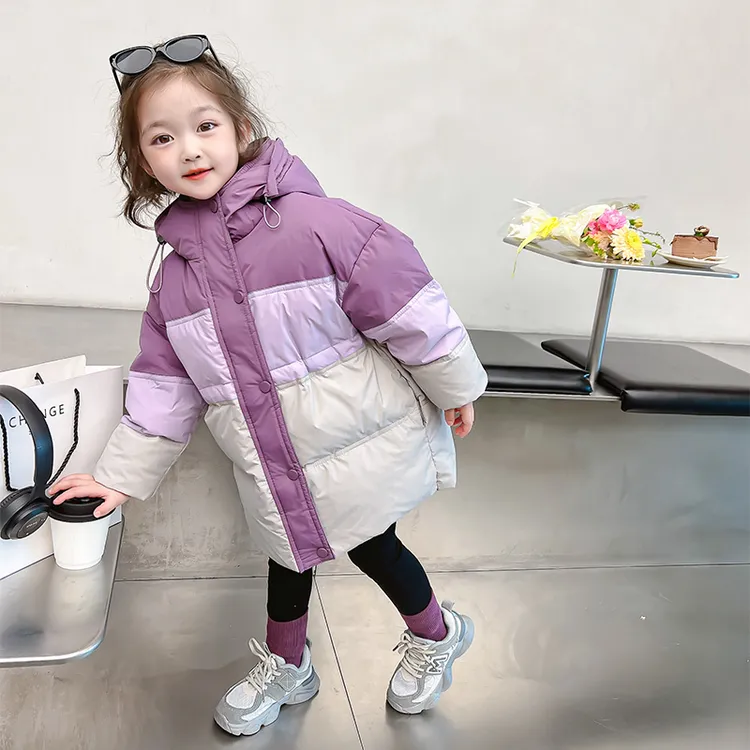 女童冬季中长款拼色羽绒服2025新款洋气连帽中小童加厚白鸭绒棉服
