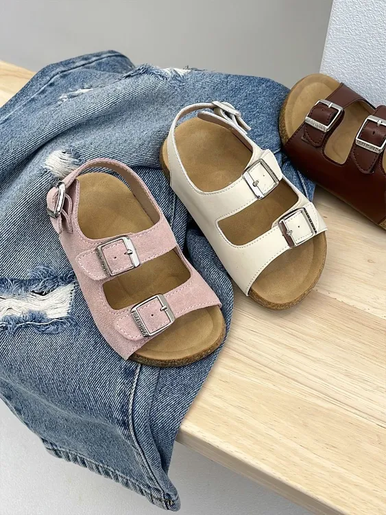 夏款勃肯软木夏季男女孩露趾沙滩软皮鞋2025新款一字魔术贴韩版潮