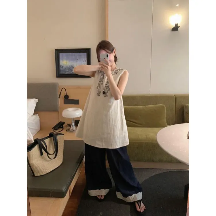 2025夏季新款女禅意气质刺绣连衣裙背心上衣高腰显瘦垂感阔腿长裤