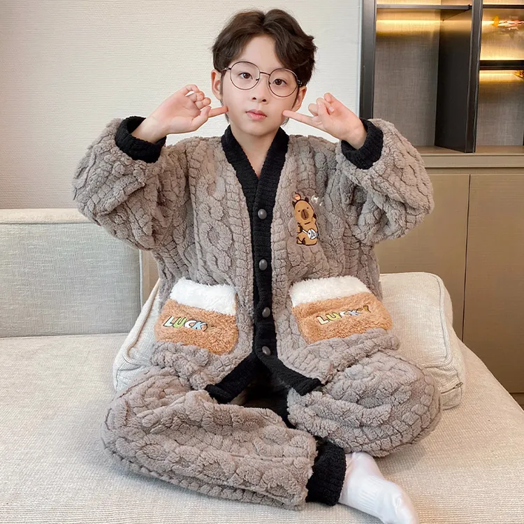 男童睡衣冬季新款法兰绒儿童珊瑚绒加绒加厚男孩6-12岁家居服套装