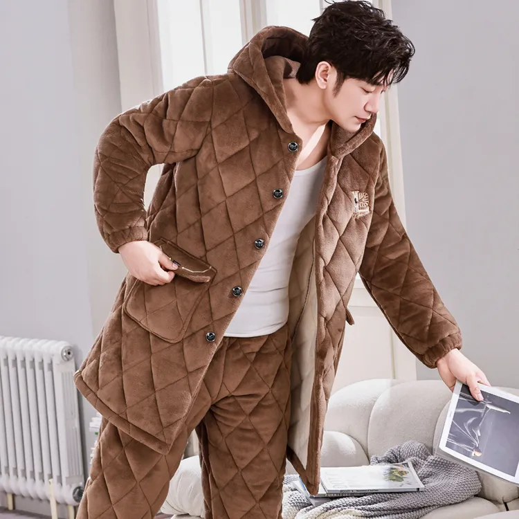 加长款连帽秋冬季男士睡衣珊瑚绒加厚加绒保暖三层夹棉家居服套装