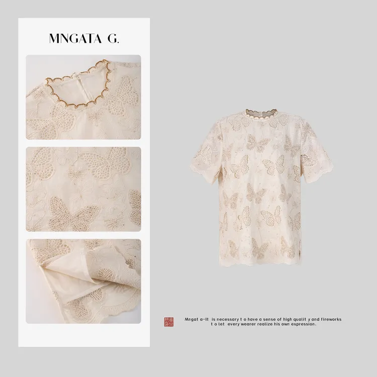MNGATA G.宫小妍【镂空蝴蝶】纯棉夏日新中式中国风休闲短袖5022556