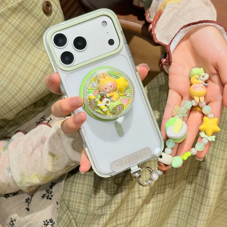 iPhone16/17透明绿色手机壳防摔磁吸支架磁吸壳labubu挂链萌粒