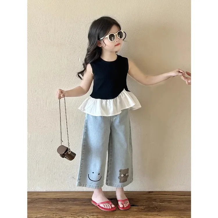 女童夏装套装2025洋气女宝宝韩版甜美儿童花边背心牛仔裤两件套潮