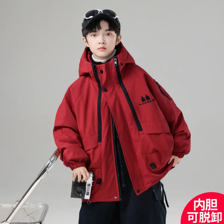 儿童男童冲锋衣三合一可拆卸秋冬季2025新款大童加厚夹棉加绒外套