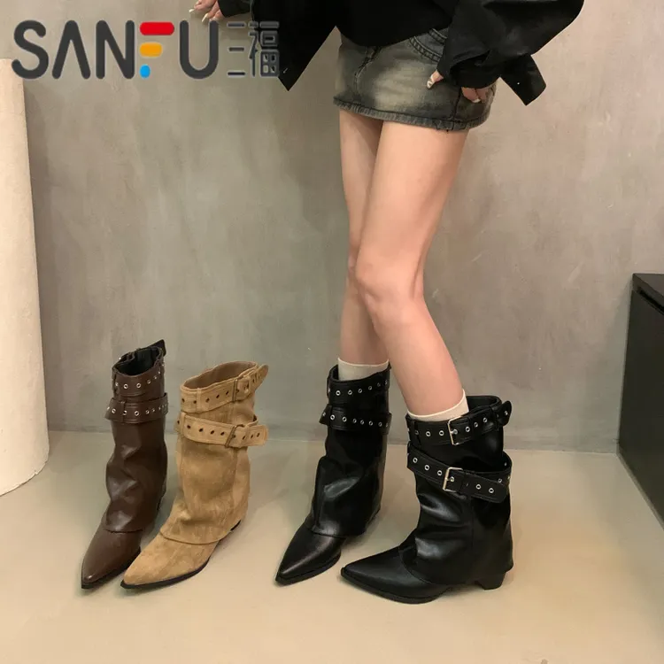 三福美式辣妹皮带扣裤管靴短筒靴女靴2025秋季小众设计短靴西部靴
