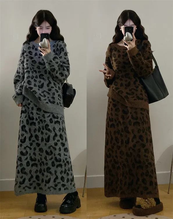 宽松大码豹纹秋冬新款胖MM复古气质长袖针织毛衣高腰长裙两件套