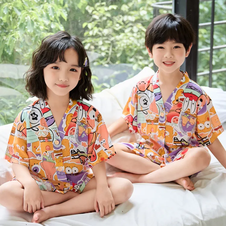  夏季薄款儿童棉绸睡衣短袖短裤家居服套装宝宝男童女童中大童