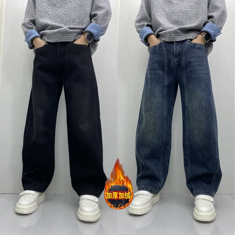 冬季加绒加厚男士弯刀裤牛仔裤纯色侧边条纹水洗阔腿潮男百搭男裤