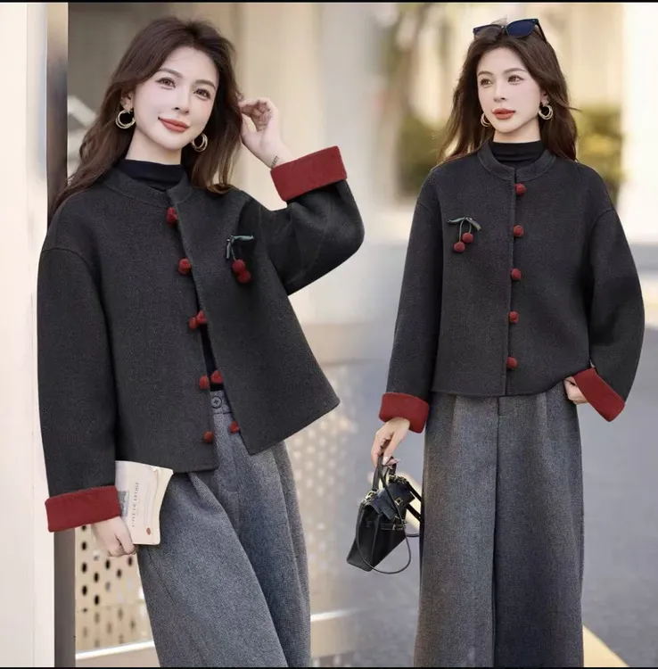 002新中式国风禅意小香风双面穿2025秋冬新款短款樱桃女加备用扣！