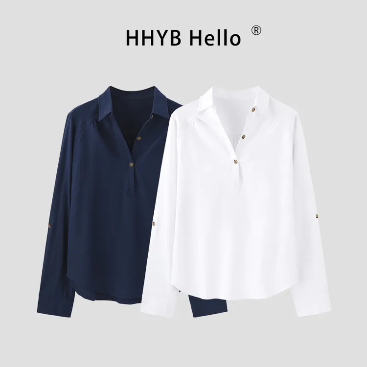HHYB Hello2025纯棉减龄洋气宽松通勤纽扣长袖套头衬衫Q252072