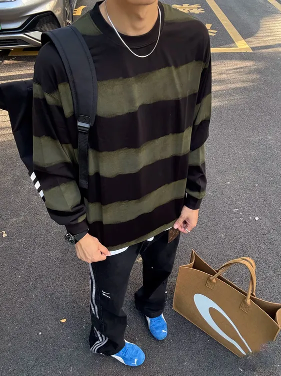 美式重磅ins复古痞帅撞色条纹长袖T恤男女秋冬季潮牌宽松圆领套头
