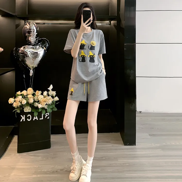 韩版2025夏季女装新款时尚休闲运动套装宽松短袖t恤短裤显瘦减龄