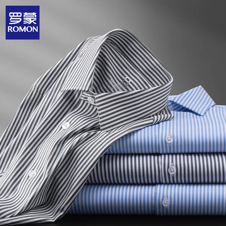 罗蒙商务衬衫男2025新款蓝色竖条纹高级感抗皱短袖高级感衬衫男款