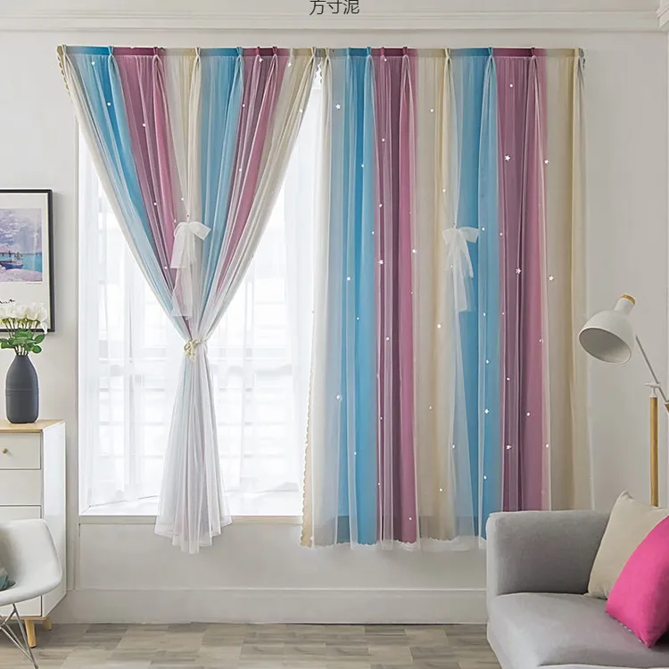 免打孔网红ins窗帘遮光公主风卧室飘窗双层镂空星星少女风魔术贴