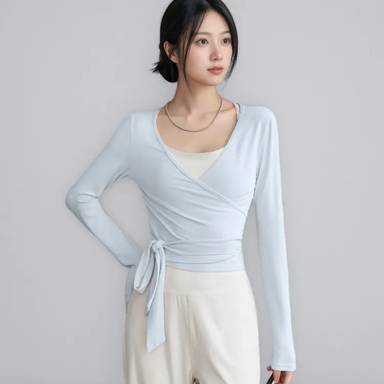 V领小众设计交叉绑带长袖健身上衣女修身排汗跑步瑜伽服运动罩衫