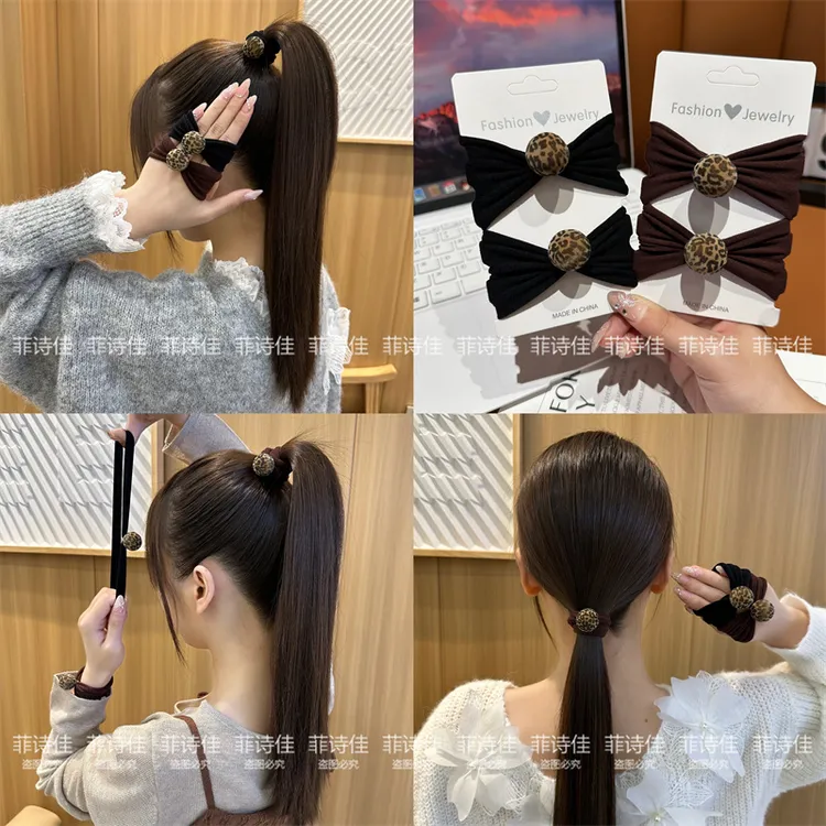 韩系豹纹圆球毛巾圈发绳女高级感复古扎发圈秋冬百搭马尾头绳皮筋