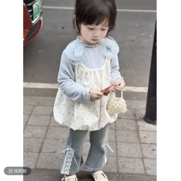 【沫沫家】女童套装女宝宝可爱花朵吊带上衣蝴蝶结牛仔裤三件套