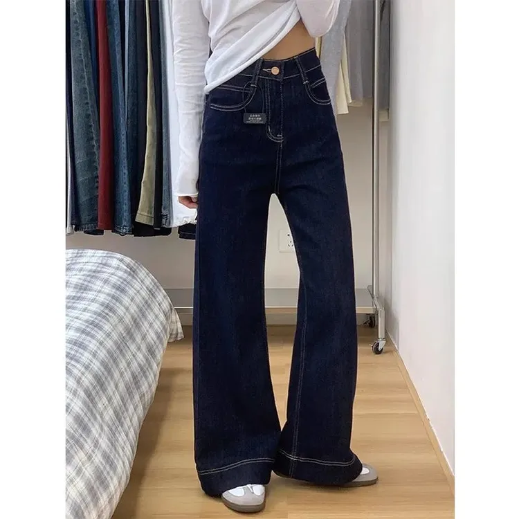 小个子美式复古丹宁蓝微喇阔腿牛仔裤女新款高腰宽松直筒拖地长裤